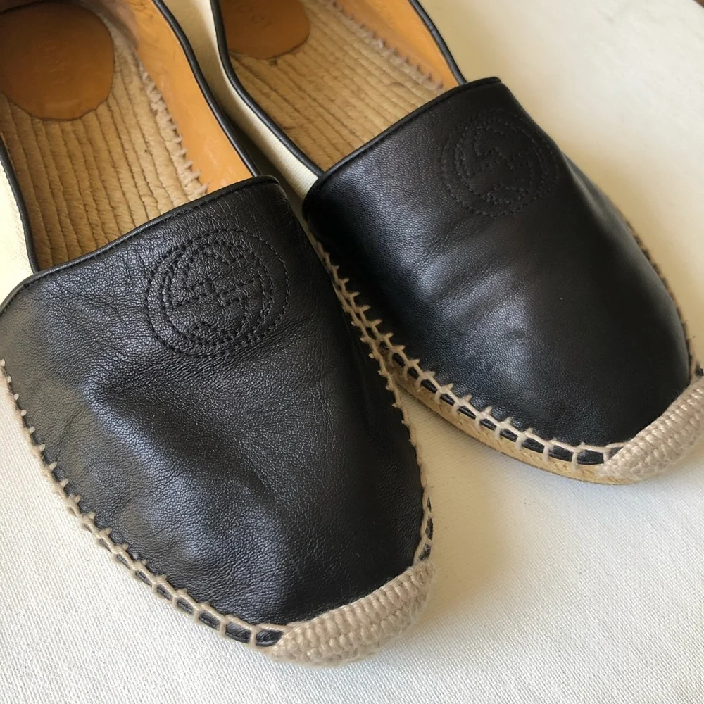 Gucci black leather and beige fabric espadrilles women’s size 39.5